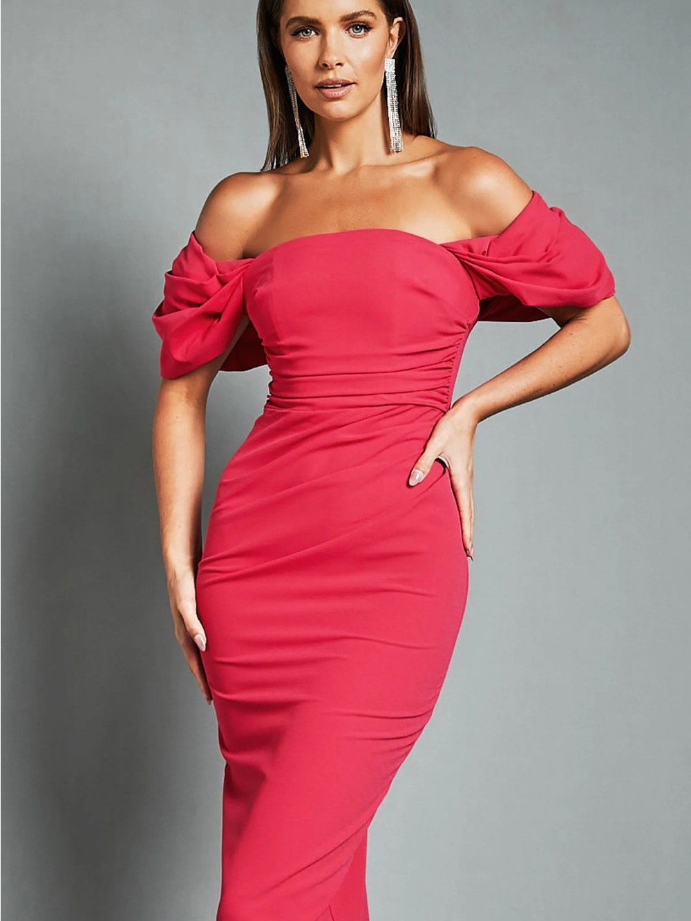 Showpo Hot Pink One-Shoulder Bardot Midi Dress